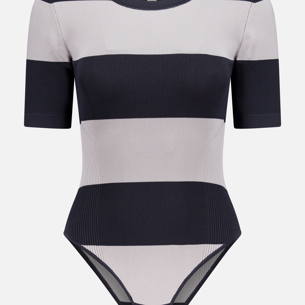 The Rosemond Crewneck Short Sleeve Bodysuit by L'AGENCE features wide black and light gray stripes, ribbed power stretch fabric, a crew neckline, snap bottom closure, and a contouring fit. Inside label reads L'AGENCE.