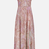 The Rosette Paisley Print Maxi Dress by L'AGENCE features a sleeveless, ankle-length design with wide shoulder straps, a sweetheart neckline, a fitted bodice, and a flowing pastel pink and beige paisley skirt.