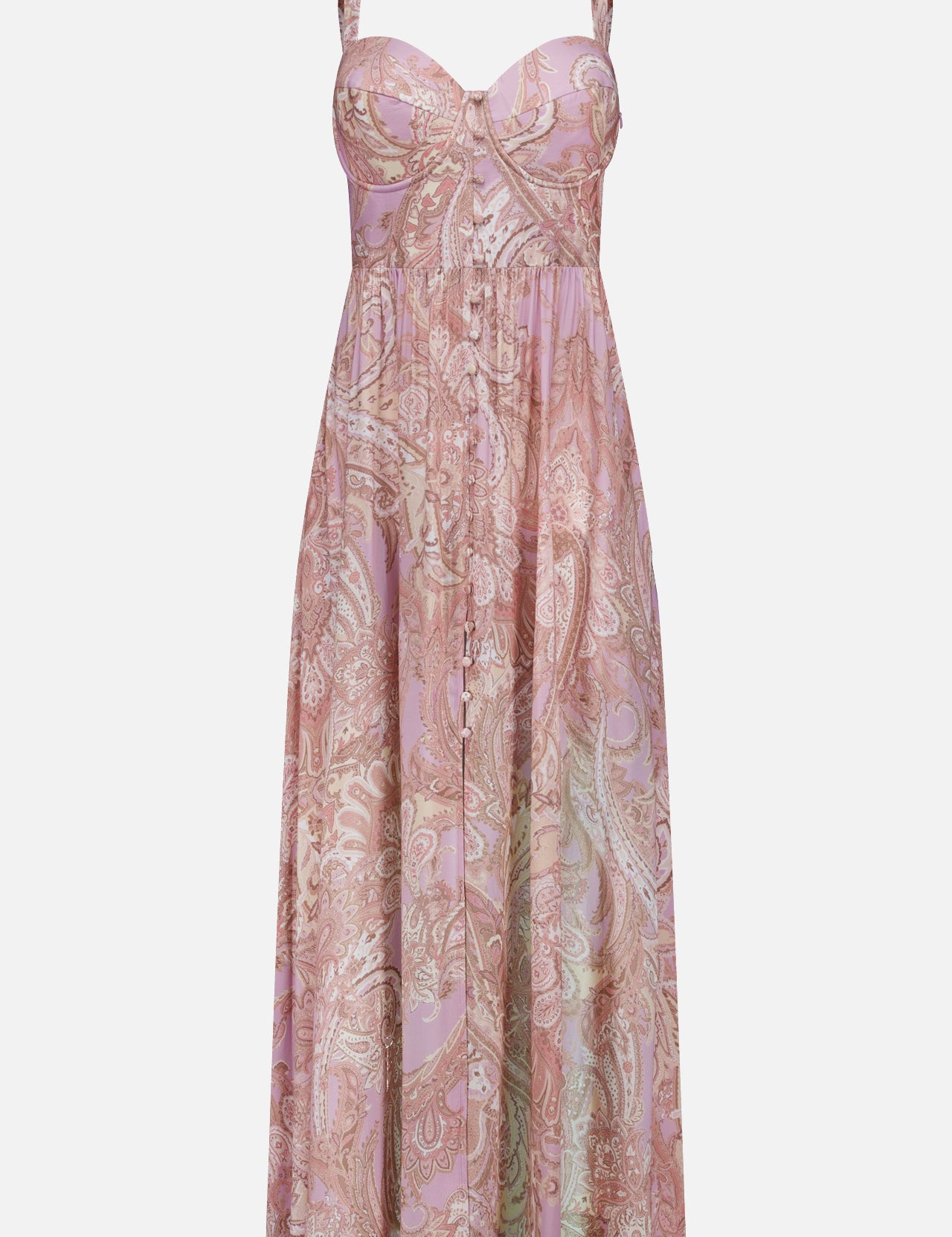 The Rosette Paisley Print Maxi Dress by L'AGENCE features a sleeveless, ankle-length design with wide shoulder straps, a sweetheart neckline, a fitted bodice, and a flowing pastel pink and beige paisley skirt.