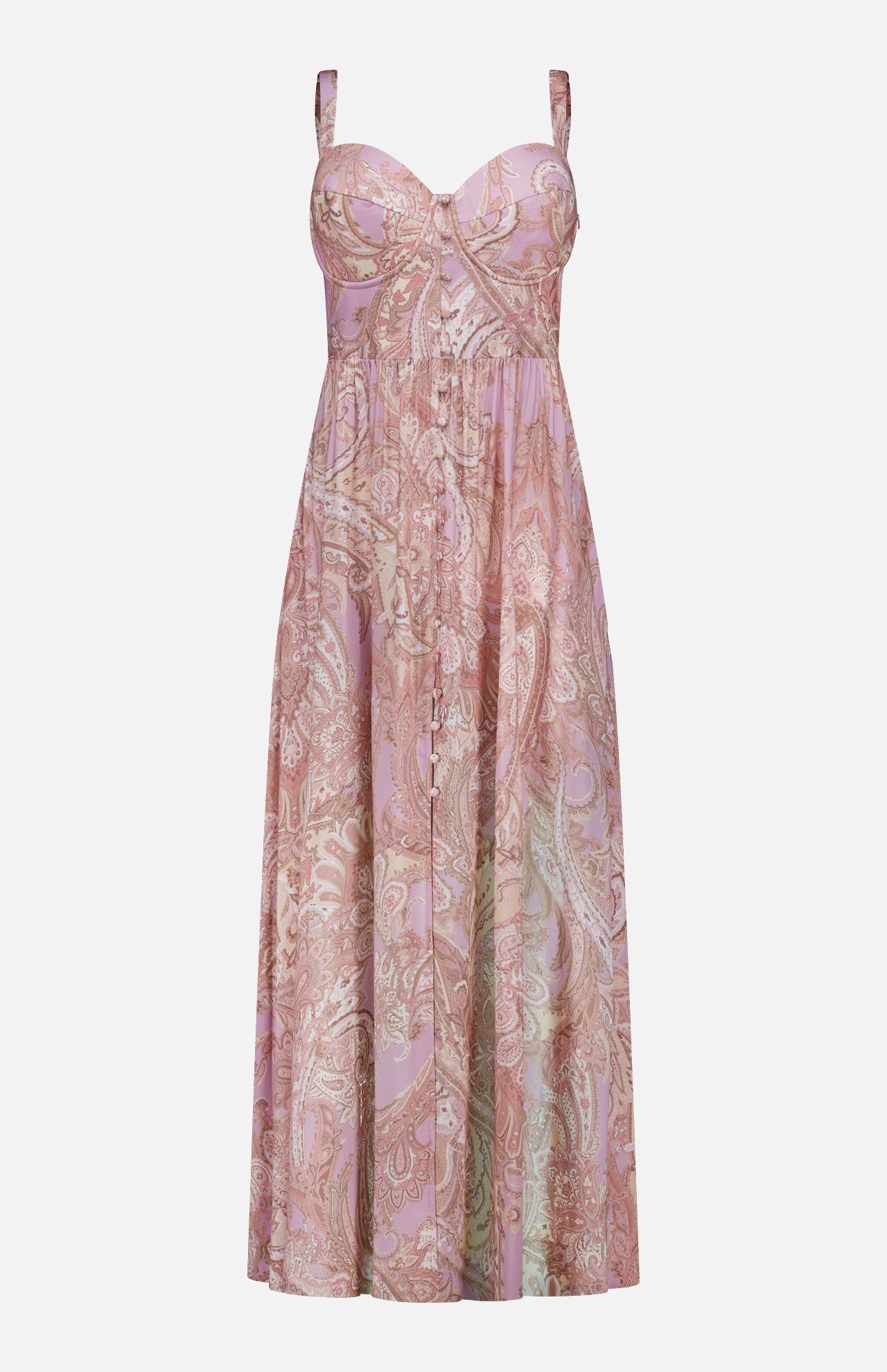 The Rosette Paisley Print Maxi Dress by L'AGENCE features a sleeveless, ankle-length design with wide shoulder straps, a sweetheart neckline, a fitted bodice, and a flowing pastel pink and beige paisley skirt.