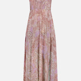 The Rosette Paisley Print Maxi Dress by L'AGENCE features wide straps, a fitted bodice, and a flowing skirt in beige paisley on light purple, with gentle gathers at the bust and waist for an elegant look.