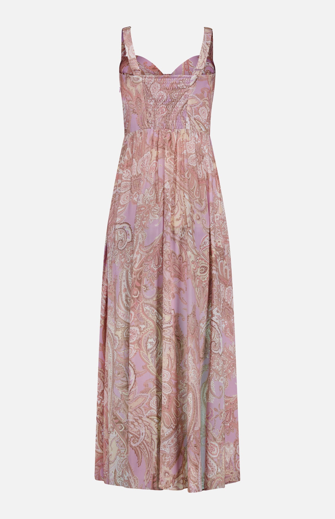 The Rosette Paisley Print Maxi Dress by L'AGENCE features wide straps, a fitted bodice, and a flowing skirt in beige paisley on light purple, with gentle gathers at the bust and waist for an elegant look.