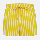 The Royce Drawstring Stripe Short by L'AGENCE features yellow and white stripes in poplin fabric, an elastic waistband with a matching drawstring, and is shown against a plain white background.