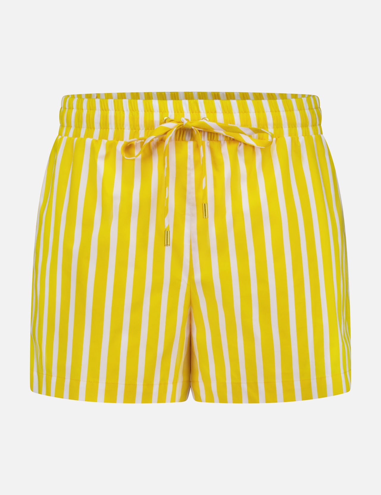The Royce Drawstring Stripe Short by L'AGENCE features yellow and white stripes in poplin fabric, an elastic waistband with a matching drawstring, and is shown against a plain white background.