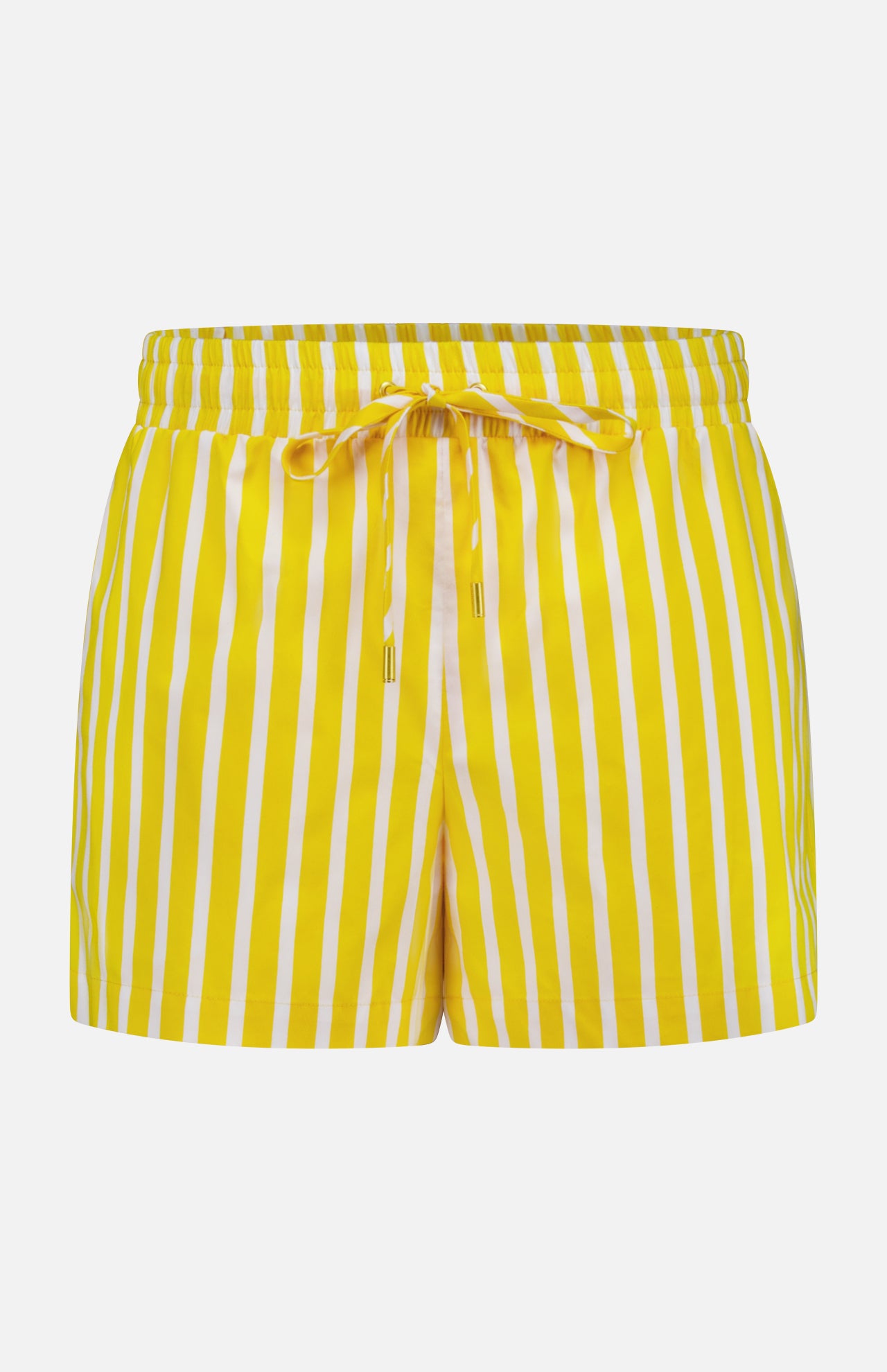 The Royce Drawstring Stripe Short by L'AGENCE features yellow and white stripes in poplin fabric, an elastic waistband with a matching drawstring, and is shown against a plain white background.