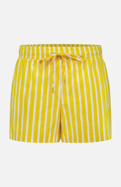 The Royce Drawstring Stripe Short by L'AGENCE features yellow and white stripes in poplin fabric, an elastic waistband with a matching drawstring, and is shown against a plain white background.