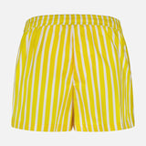 The Royce Drawstring Stripe Short by L'AGENCE features yellow and white vertical stripes, an elastic waistband, and a relaxed fit in soft organic cotton poplin. Shown against a plain white background.