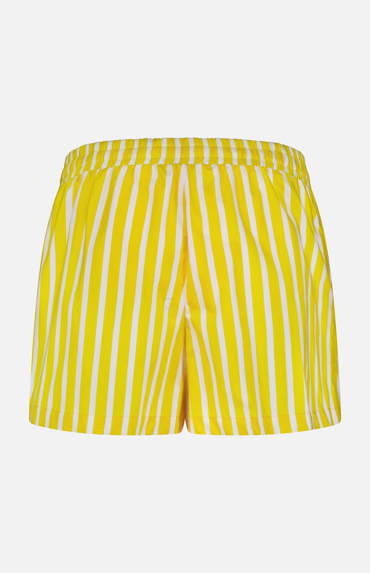 The Royce Drawstring Stripe Short by L'AGENCE features yellow and white vertical stripes, an elastic waistband, and a relaxed fit in soft organic cotton poplin. Shown against a plain white background.