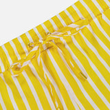 Close-up of Royce Drawstring Stripe Short by L'AGENCE, featuring an elastic waistband with a drawstring finished with metal tips. Made from soft organic cotton for comfort.