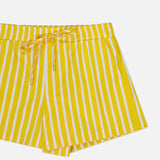 The Royce Drawstring Stripe Short by L'AGENCE features yellow and white dandelion stripes, a drawstring waistband, and soft organic cotton, displayed on a white background.