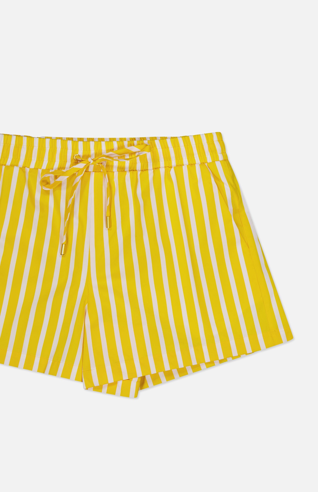 The Royce Drawstring Stripe Short by L'AGENCE features yellow and white dandelion stripes, a drawstring waistband, and soft organic cotton, displayed on a white background.