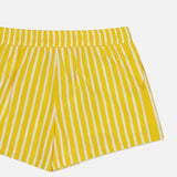 The Royce Drawstring Stripe Short by L'AGENCE features yellow and white stripes on organic cotton poplin with an elastic waistband. Only the upper half of these shorts is shown against a white background.