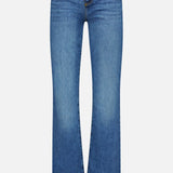 Discover the Ruth High Rise Straight Jean in Newcastle by L’AGENCE—a pair of blue, high-rise jeans crafted from premium stretch denim, featuring a straight-leg silhouette with a button and zipper closure, front and back pockets, and light fading on the thighs, shown against a white background.