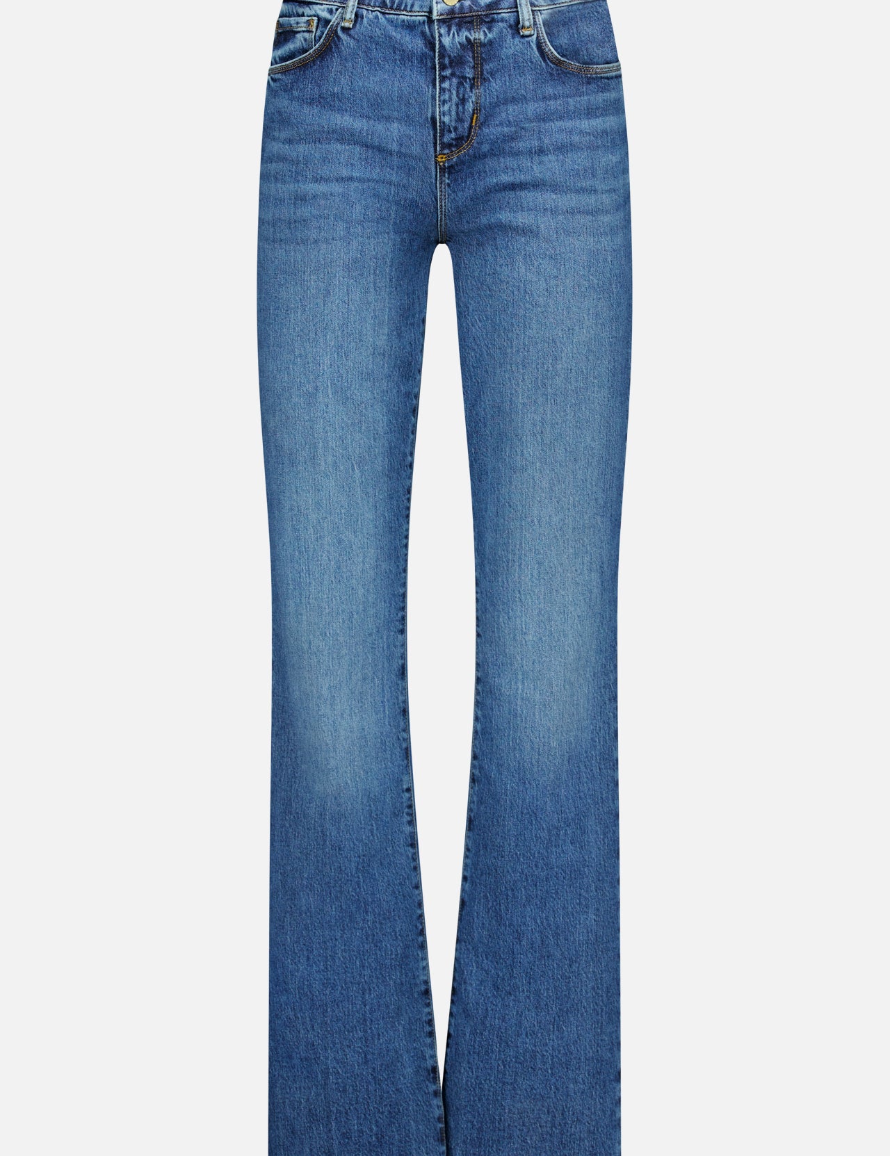 Discover the Ruth High Rise Straight Jean in Newcastle by L’AGENCE—a pair of blue, high-rise jeans crafted from premium stretch denim, featuring a straight-leg silhouette with a button and zipper closure, front and back pockets, and light fading on the thighs, shown against a white background.
