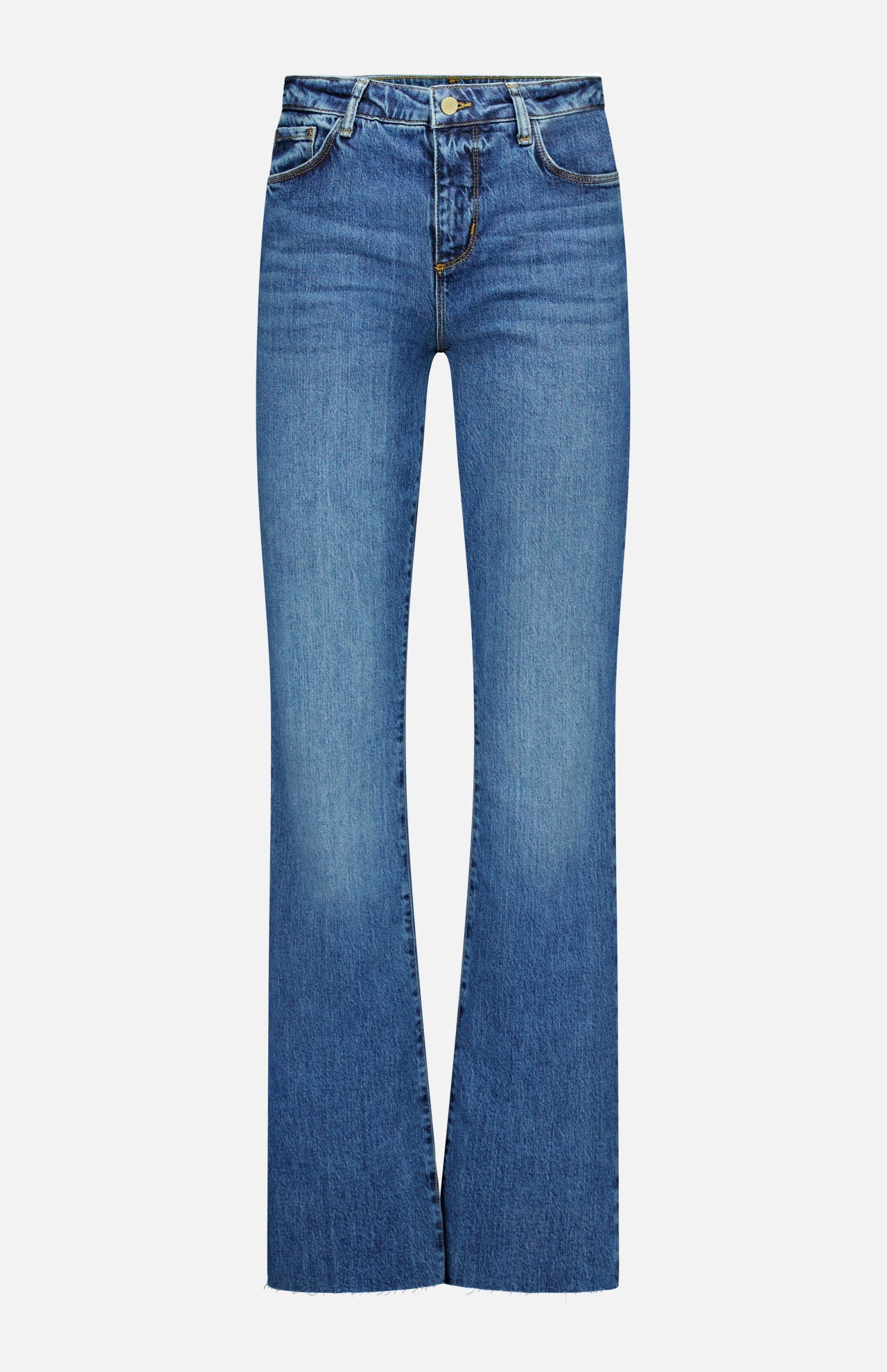 Discover the Ruth High Rise Straight Jean in Newcastle by L’AGENCE—a pair of blue, high-rise jeans crafted from premium stretch denim, featuring a straight-leg silhouette with a button and zipper closure, front and back pockets, and light fading on the thighs, shown against a white background.