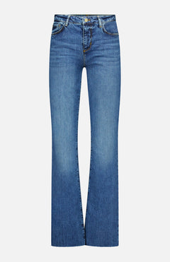 Discover the Ruth High Rise Straight Jean in Newcastle by L’AGENCE—a pair of blue, high-rise jeans crafted from premium stretch denim, featuring a straight-leg silhouette with a button and zipper closure, front and back pockets, and light fading on the thighs, shown against a white background.