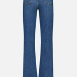 Back view of L’AGENCE Ruth High Rise Straight Jean in Newcastle, featuring blue premium stretch denim with flared legs, visible back pockets, and a raw unfinished hem at the bottom. The high-rise jean is displayed against a plain white background.