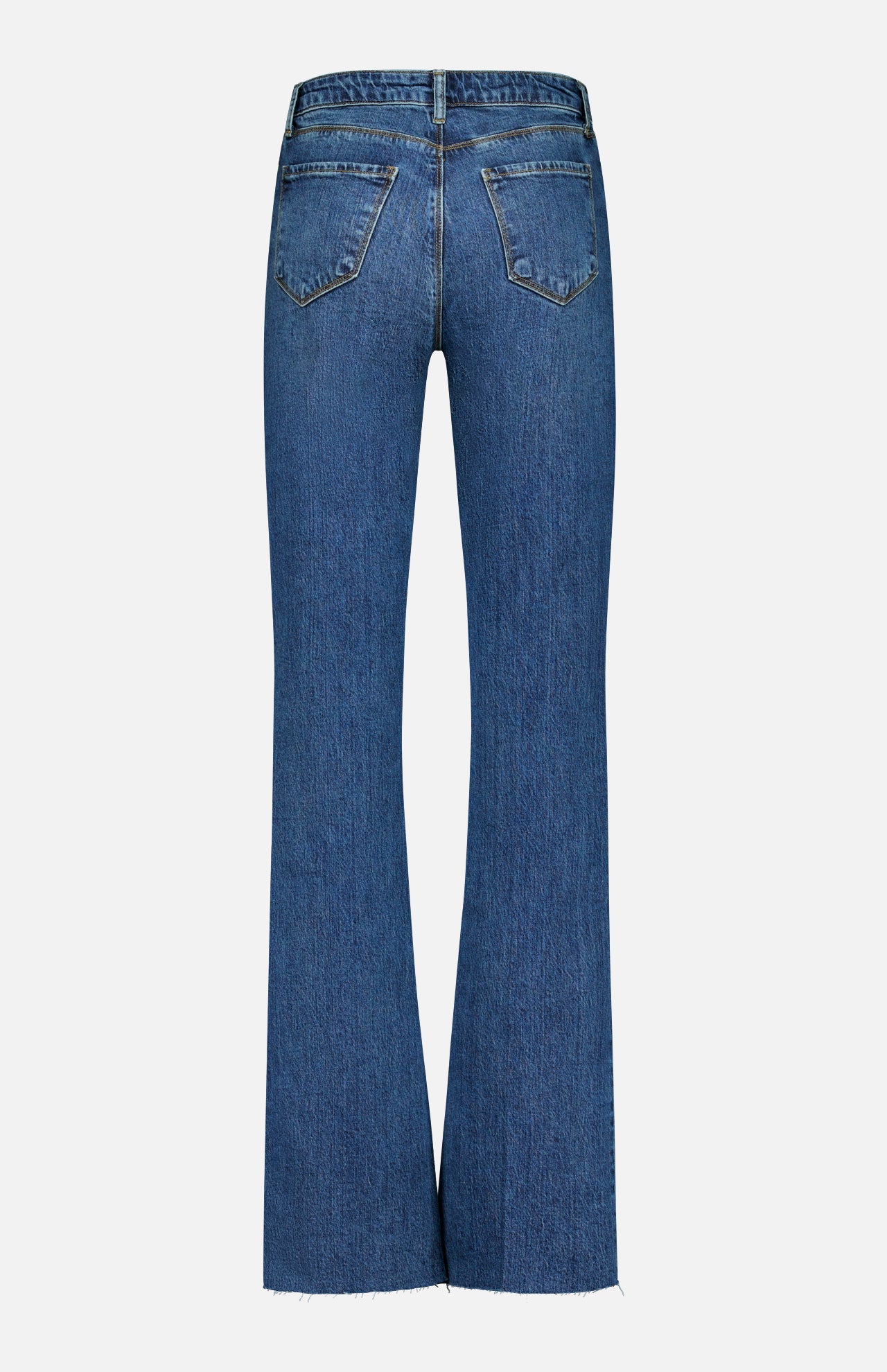 Back view of L’AGENCE Ruth High Rise Straight Jean in Newcastle, featuring blue premium stretch denim with flared legs, visible back pockets, and a raw unfinished hem at the bottom. The high-rise jean is displayed against a plain white background.