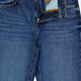 A pair of Ruth High Rise Straight Jeans in Newcastle by L’AGENCE, crafted from premium stretch denim in blue, with the fly unzipped and waistband unbuttoned to reveal the interior fabric and detailed stitching. The L’AGENCE label is visible on the inside waistband. These high-rise jeans offer a timeless straight leg silhouette for effortless style.