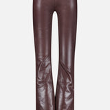L’AGENCE Ruth High Rise Straight Pant in brown leather features a high-rise waist, button and zip closure, front and back pockets, and a smooth, shiny finish reminiscent of coated denim, displayed on a plain white background.