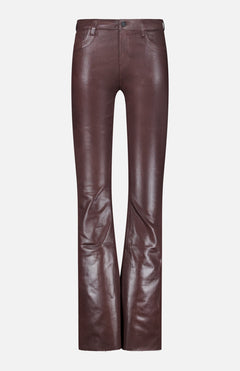 L’AGENCE Ruth High Rise Straight Pant in brown leather features a high-rise waist, button and zip closure, front and back pockets, and a smooth, shiny finish reminiscent of coated denim, displayed on a plain white background.