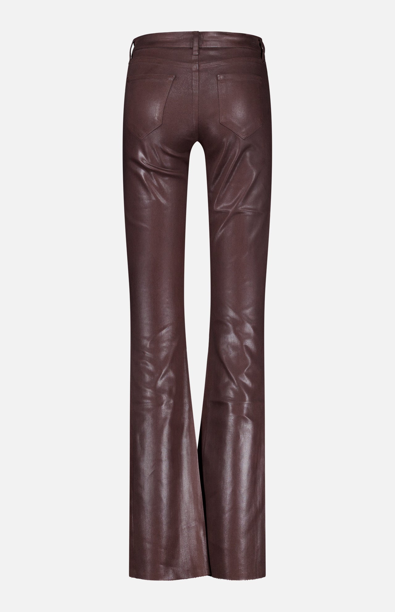 Back view of the L’AGENCE Ruth High Rise Straight Pant in brown leather, featuring two rear pockets and a straight leg design, displayed against a plain white background.