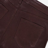 Close-up of the back of the L’AGENCE Ruth High Rise Straight Pant in dark brown, featuring a belt loop, waistband, and back pocket against a white background.