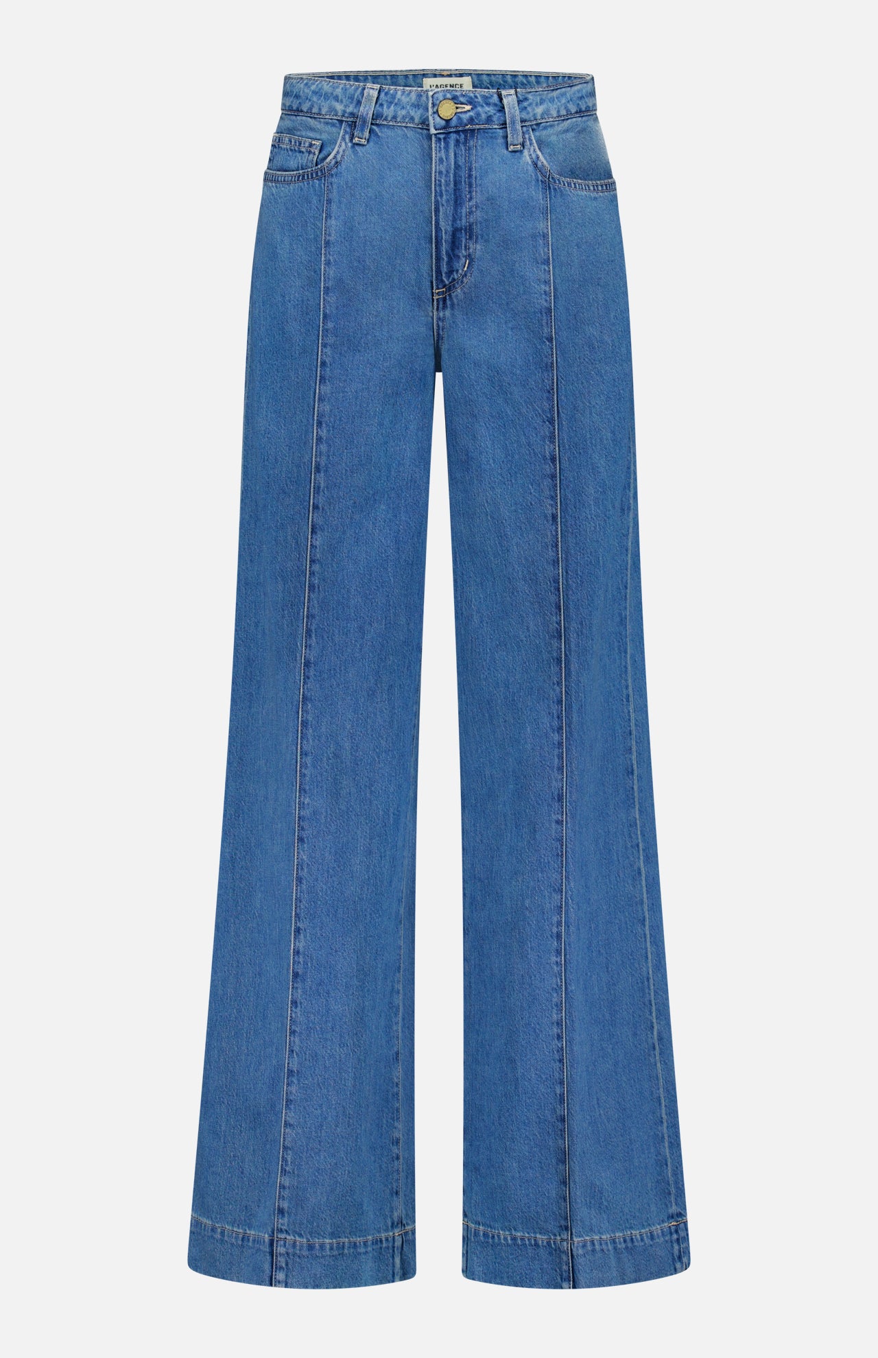 The L'AGENCE Sandy High Rise Wide Leg Jean in Wilton features a contoured waistband, front seams, high waist, belt loops, and a button and zipper closure, shown against a plain white background.
