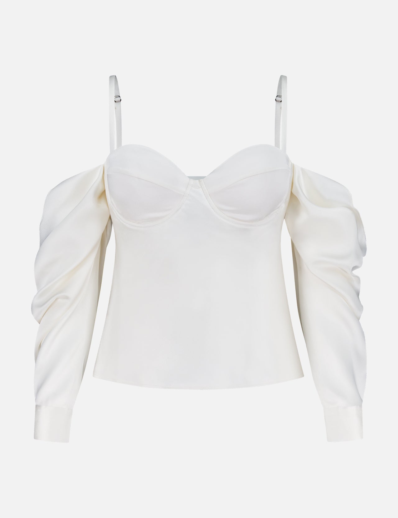 The L'AGENCE Saya Cold Shoulder Draped Top features an off-white hue, long puffed sleeves, thin adjustable straps, and a fitted bodice—an elegant choice for evening. Shown against a plain white background.
