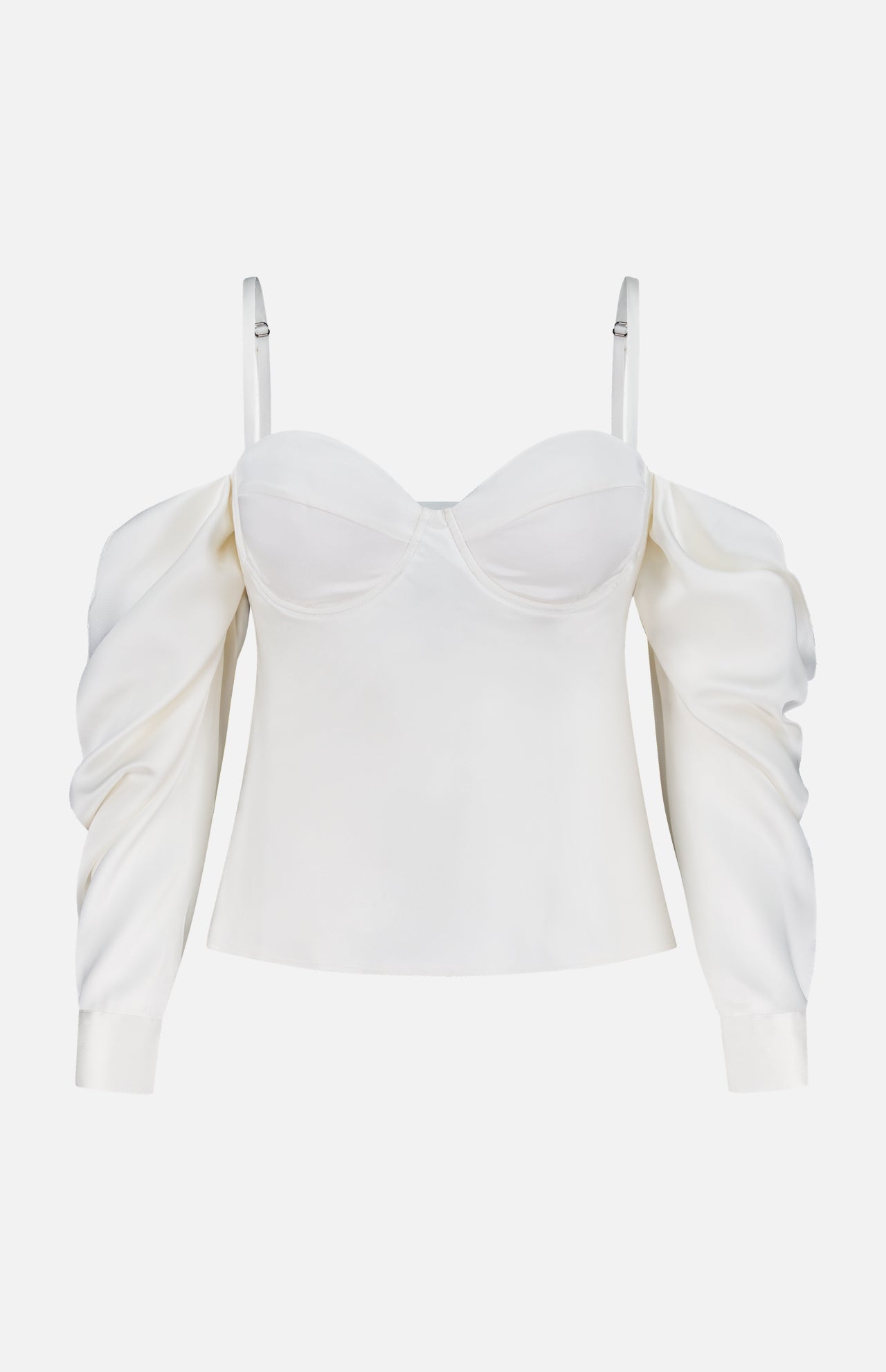 The L'AGENCE Saya Cold Shoulder Draped Top features an off-white hue, long puffed sleeves, thin adjustable straps, and a fitted bodice—an elegant choice for evening. Shown against a plain white background.