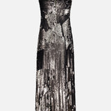 The Sayla Bias Cut Sequin Maxi Dress by L'AGENCE dazzles with silver and black sequins in an abstract pattern, featuring thin straps, a fitted bodice, and a subtly flared hem. Channeling vintage glamour, this event-ready evening dress offers a sleek silhouette perfect for special occasions.