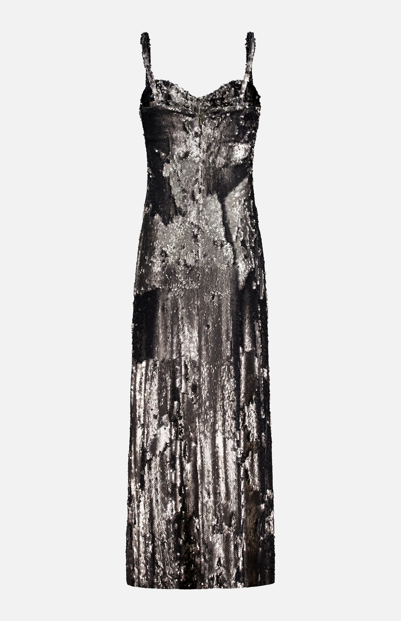 The Sayla Bias Cut Sequin Maxi Dress by L'AGENCE dazzles with silver and black sequins in an abstract pattern, featuring thin straps, a fitted bodice, and a subtly flared hem. Channeling vintage glamour, this event-ready evening dress offers a sleek silhouette perfect for special occasions.