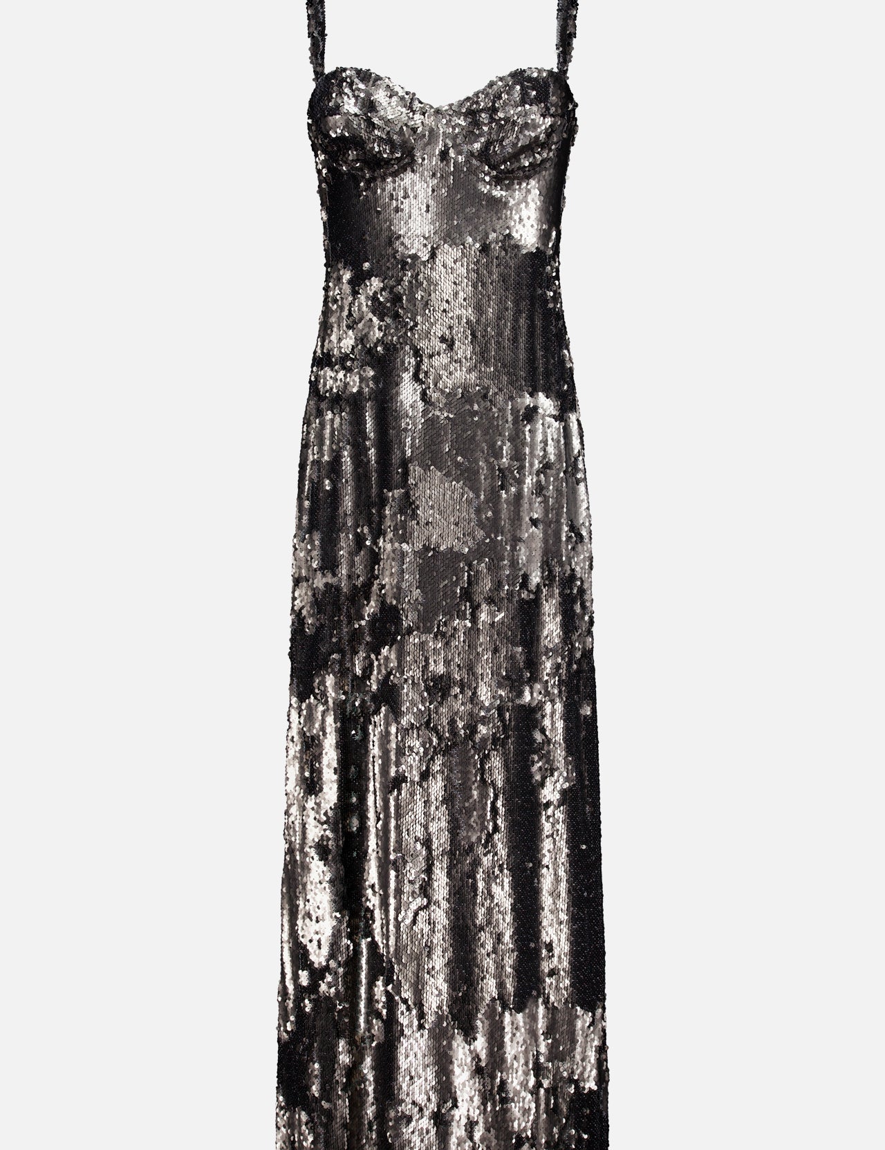 The Sayla Bias Cut Sequin Maxi Dress by L'AGENCE features a silver and black sequin design with spaghetti straps and a fitted, bustier-style bodice. Displayed against a plain white background, this event-ready evening dress channels vintage glamour while making a sparkling statement.