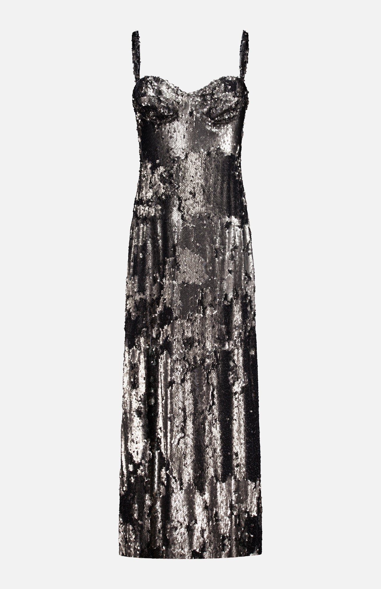 The Sayla Bias Cut Sequin Maxi Dress by L'AGENCE features a silver and black sequin design with spaghetti straps and a fitted, bustier-style bodice. Displayed against a plain white background, this event-ready evening dress channels vintage glamour while making a sparkling statement.