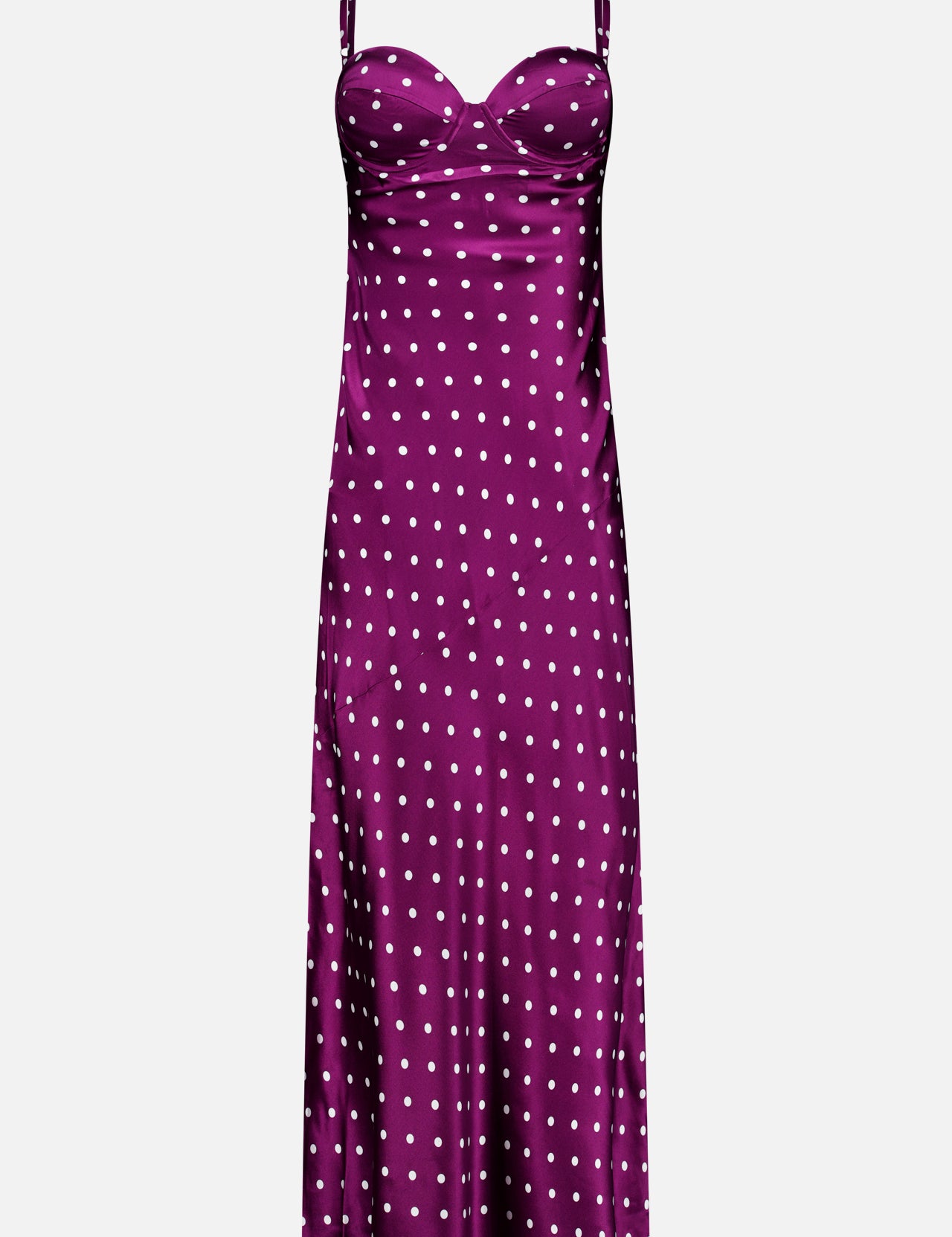 L’Agence Sayla Bias Cut Maxi Dress in a dark plum shade, featuring a sweetheart neckline, thin shoulder straps, and a playful polka dot pattern.