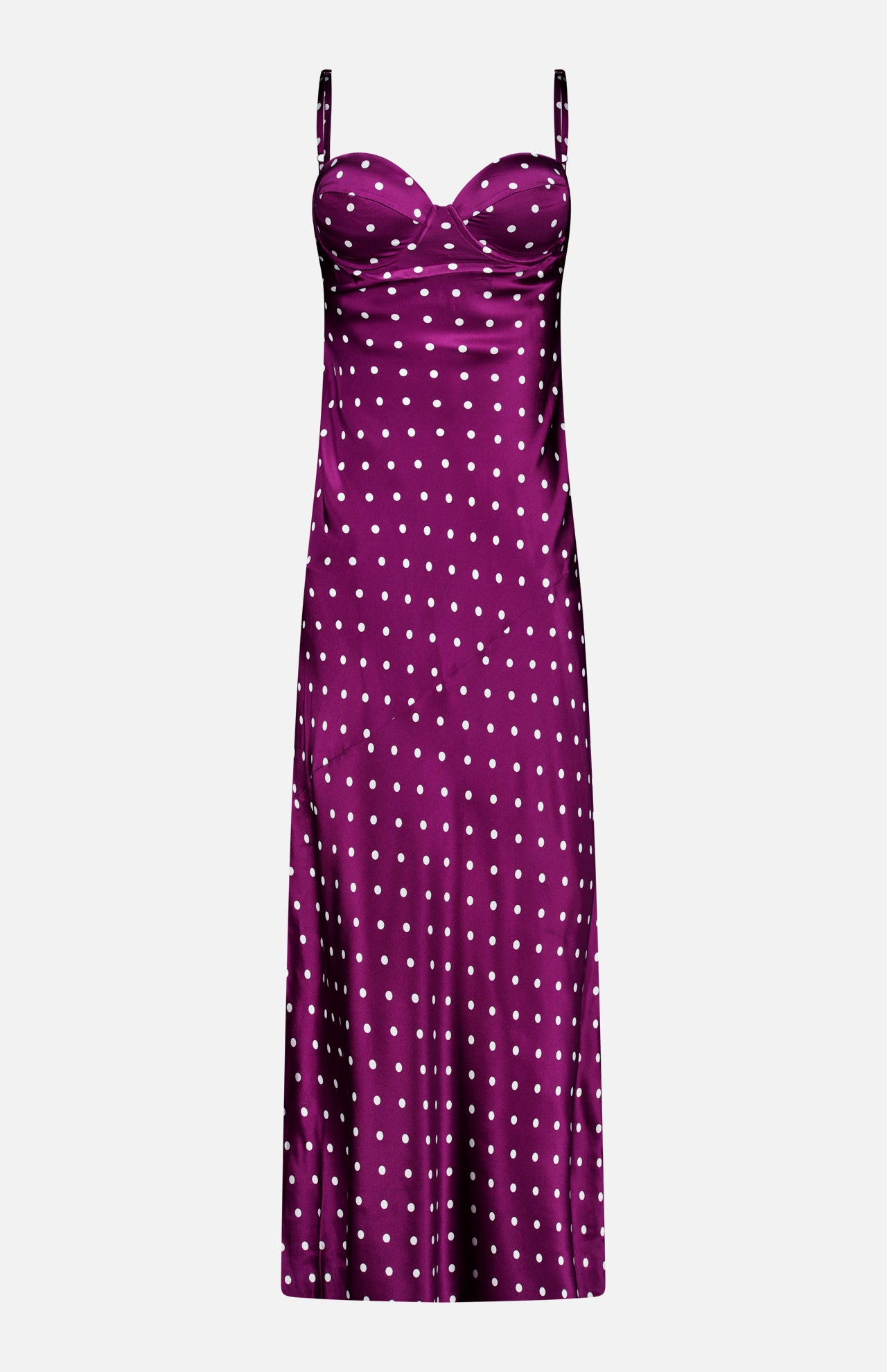 L’Agence Sayla Bias Cut Maxi Dress in a dark plum shade, featuring a sweetheart neckline, thin shoulder straps, and a playful polka dot pattern.