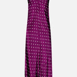 L’Agence Sayla Bias Cut Maxi Dress in magenta with white polka dots and spaghetti straps.