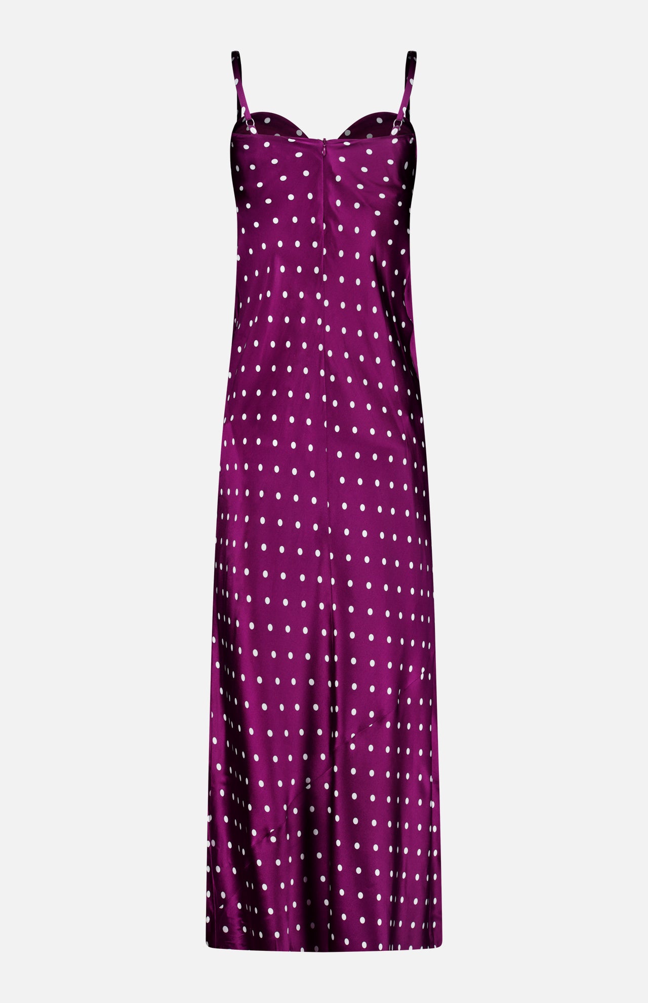 L’Agence Sayla Bias Cut Maxi Dress in magenta with white polka dots and spaghetti straps.