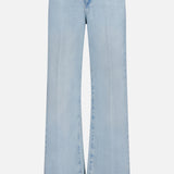 The L'AGENCE Scottie High Rise Wide Leg Jean in Lago features light blue denim, a relaxed wide-leg fit, subtle fading, front and classic five-pocket design, button closure, and front pockets for a casual style.
