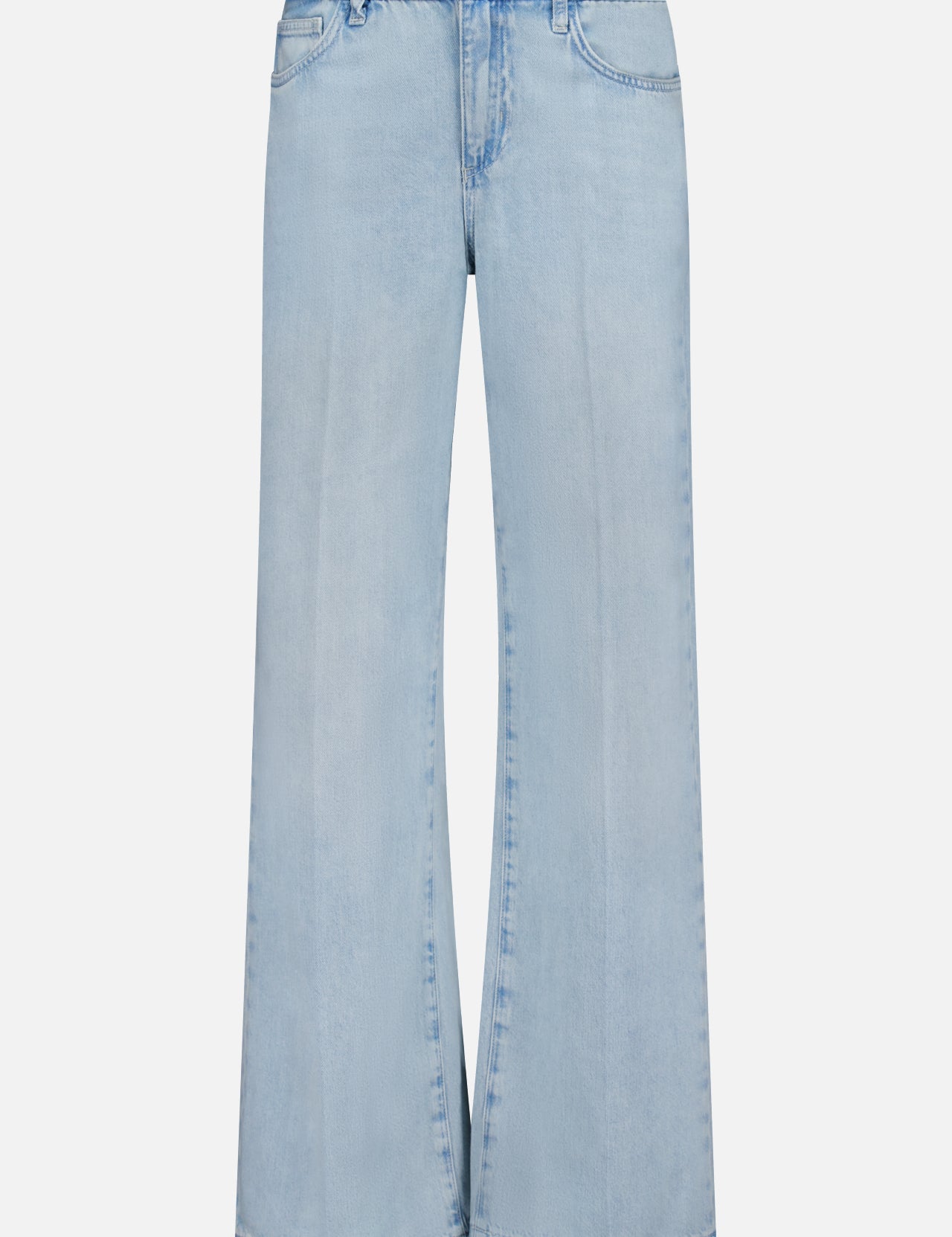 The L'AGENCE Scottie High Rise Wide Leg Jean in Lago features light blue denim, a relaxed wide-leg fit, subtle fading, front and classic five-pocket design, button closure, and front pockets for a casual style.