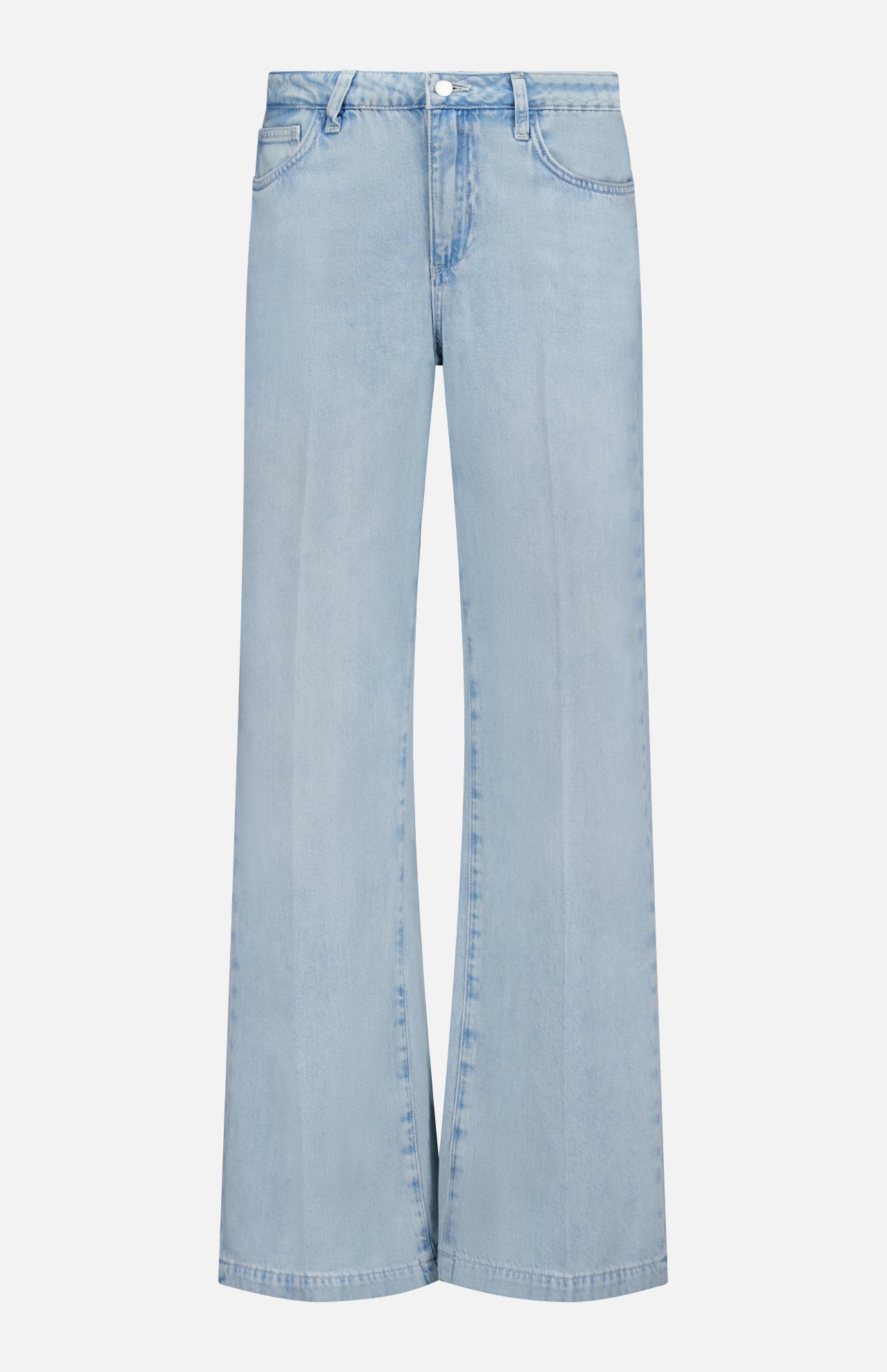 The L'AGENCE Scottie High Rise Wide Leg Jean in Lago features light blue denim, a relaxed wide-leg fit, subtle fading, front and classic five-pocket design, button closure, and front pockets for a casual style.