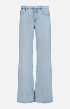 The L'AGENCE Scottie High Rise Wide Leg Jean in Lago features light blue denim, a relaxed wide-leg fit, subtle fading, front and classic five-pocket design, button closure, and front pockets for a casual style.