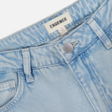 Close-up of the waistband and top button of the Scottie High Rise Wide Leg Jean in Lago by L’AGENCE, featuring light blue denim, visible brand label inside, belt loops, and part of the front pocket.
