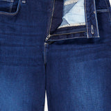Close-up of the L’Agence Scottie High Rise Wide Leg Jean in Robles, featuring a dark blue wide-leg design with the fly unzipped.
