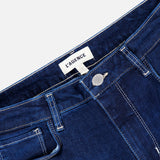 Close-up of the waistband and button fly of L’Agence Scottie High Rise Wide Leg Jean in Robles dark blue denim.