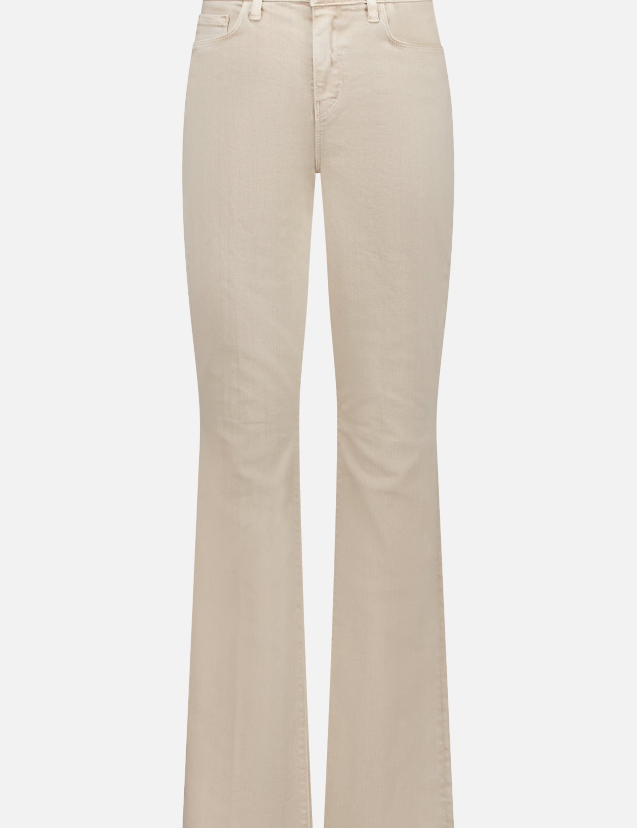 The Selma High Rise Sleek Baby Boot Pant in Biscuit by L’AGENCE features stretch denim, a high-rise waist, front button and zip closure, and classic five-pocket styling, shown against a plain white background.