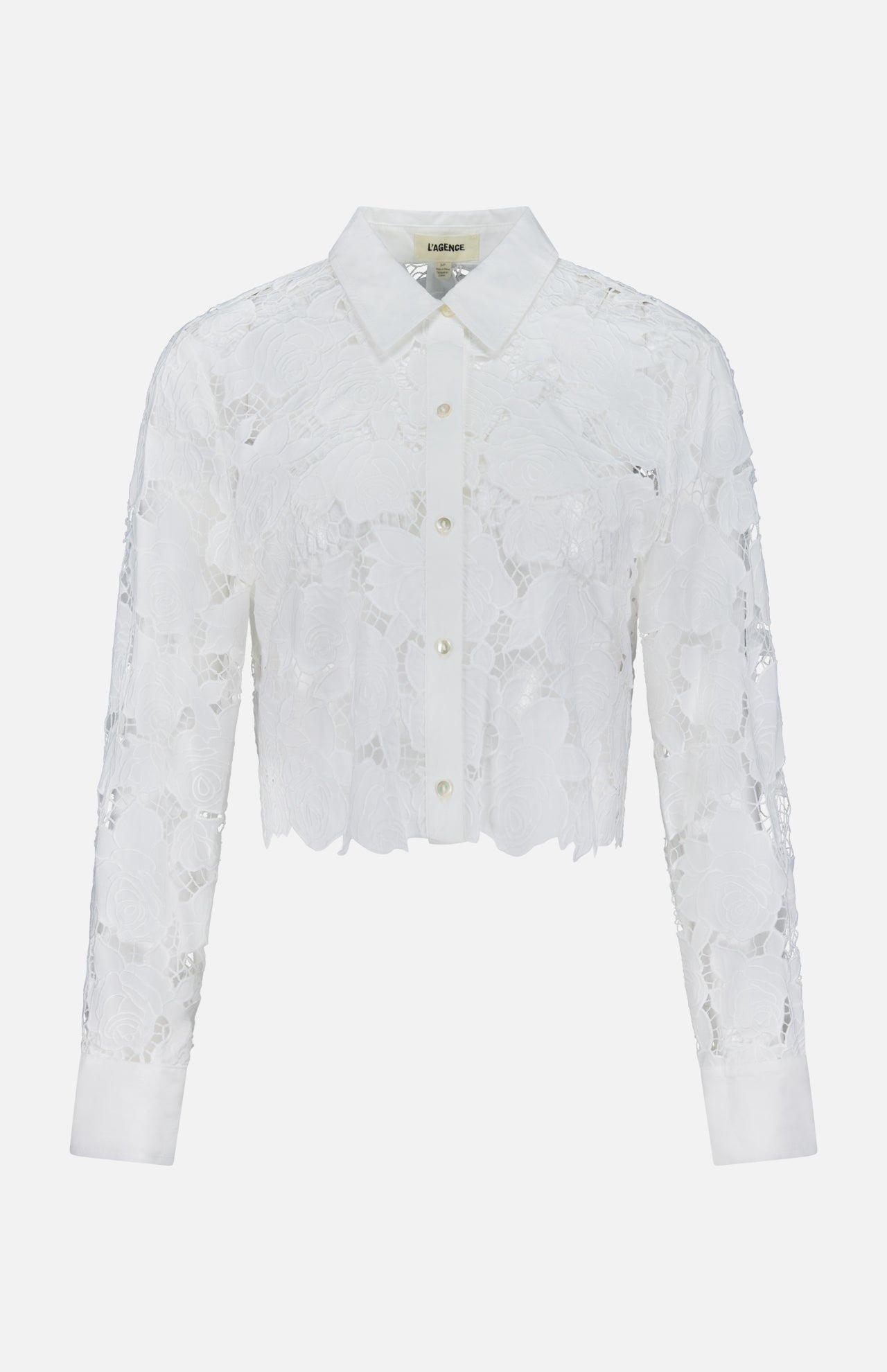 The Seychelle Cropped Button Down Shirt by L'AGENCE features sheer, white floral lace, long sleeves, a classic collar, and a cropped hem for an elegant look.