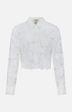The Seychelle Cropped Button Down Shirt by L'AGENCE features sheer, white floral lace, long sleeves, a classic collar, and a cropped hem for an elegant look.