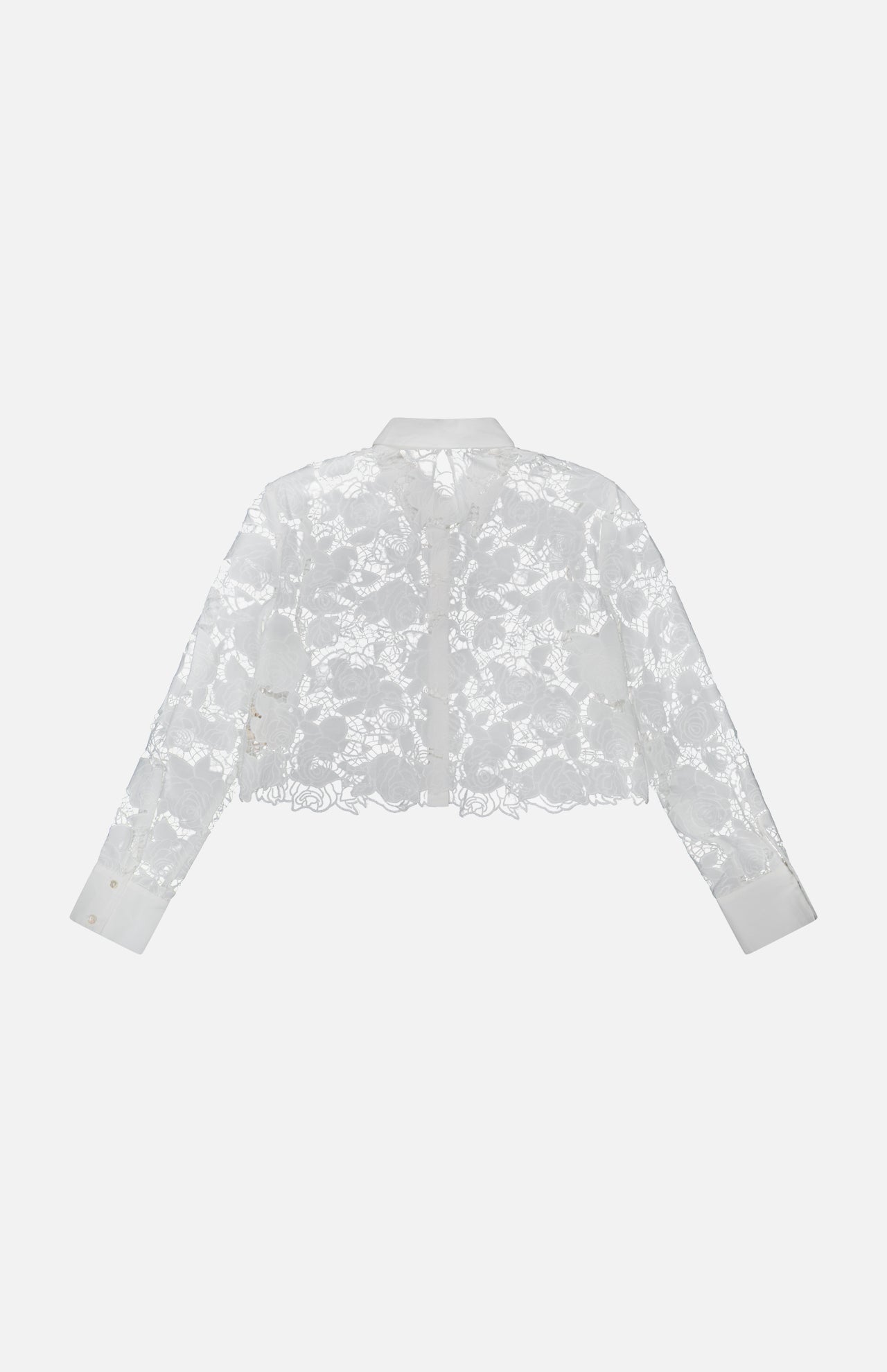 The L'AGENCE Seychelle Cropped Button Down Shirt is a long-sleeve, collared white eyelet top with floral pattern, buttoned cuffs, and semi-sheer fabric, shown on a plain white background.