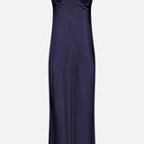 The Shayla Lace Bias Cut Maxi Dress by L'AGENCE is a long navy silk gown featuring adjustable spaghetti straps and lace detailing on the bust, shown against a plain white background.